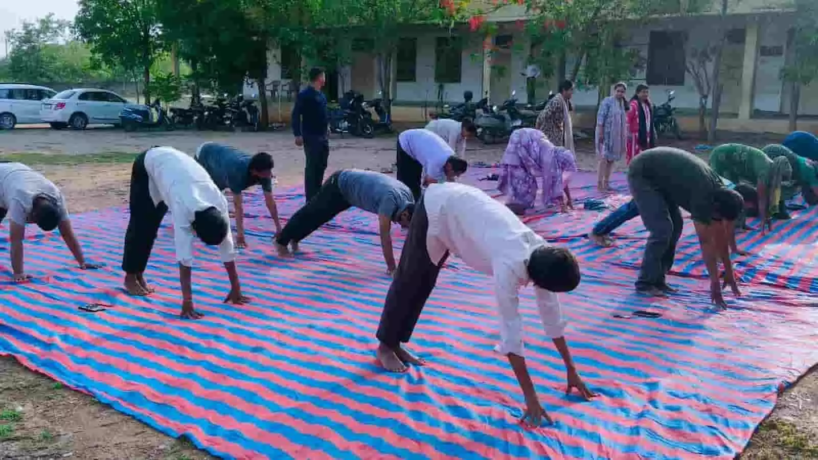 पोगराकला स्कूल के खेल मैदान में दरी पर आगे झुककर योगासन करते हुए लोग पोगराकला स्कूल के खेल मैदान में दरी पर आगे झुककर योगासन करते हुए लोग