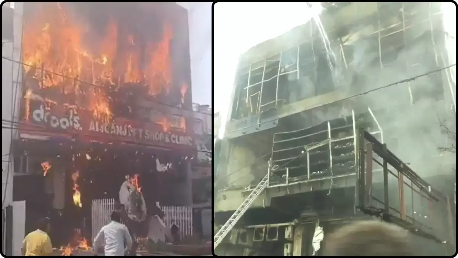 आग की लपटों से घिरी बहुमंजिला इमारत लखनऊ में कोचिंग सेंटर परिसर में हुए हादसे को प्रदर्शित कर रही है।