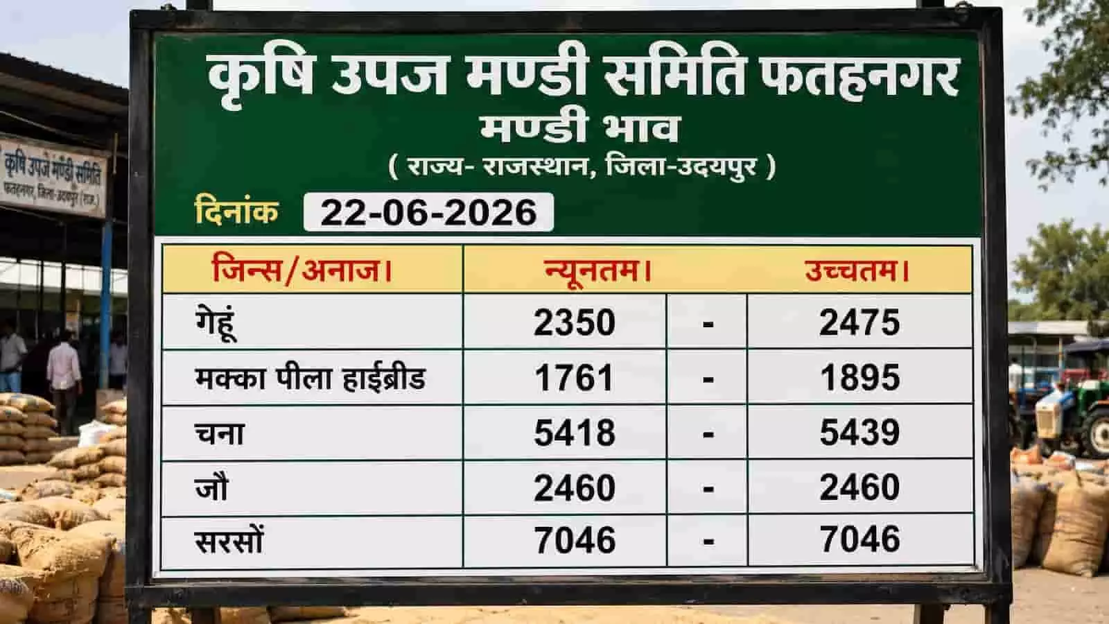 फतहनगर कृषि उपज मंडी समिति के बोर्ड पर फसलों के न्यूनतम और उच्चतम दाम प्रदर्शित हैं। फतहनगर कृषि उपज मंडी समिति के बोर्ड पर फसलों के न्यूनतम और उच्चतम दाम प्रदर्शित हैं।