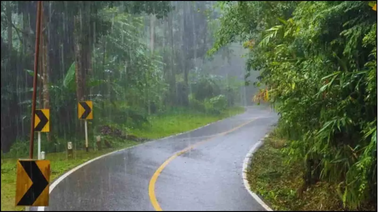 मूसलाधार बारिश से भीगी हुई पहाड़ी घुमावदार सड़क मेघालय में मौसम विभाग द्वारा जारी भारी मानसून अलर्ट के संदर्भ में। मूसलाधार बारिश से भीगी हुई पहाड़ी घुमावदार सड़क मेघालय में मौसम विभाग द्वारा जारी भारी मानसून अलर्ट के संदर्भ में।