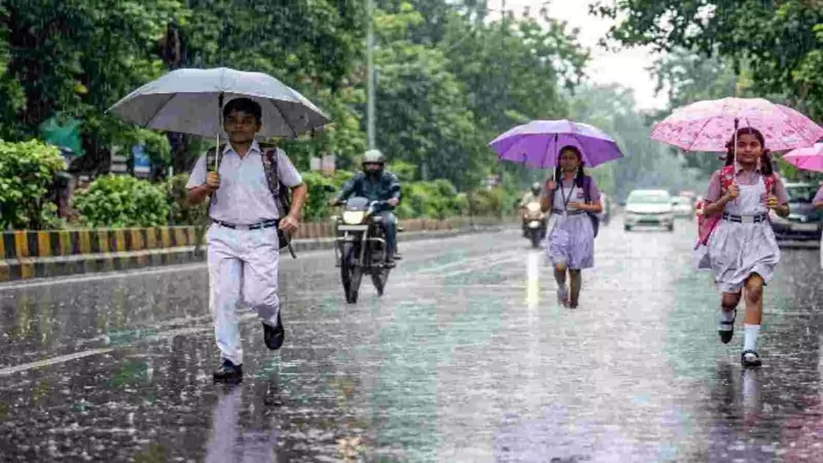 छतरी लेकर बारिश में चलते लोग और सड़क पर वाहन, उत्तर भारत में वर्षा। छतरी लेकर बारिश में चलते लोग और सड़क पर वाहन, उत्तर भारत में वर्षा।