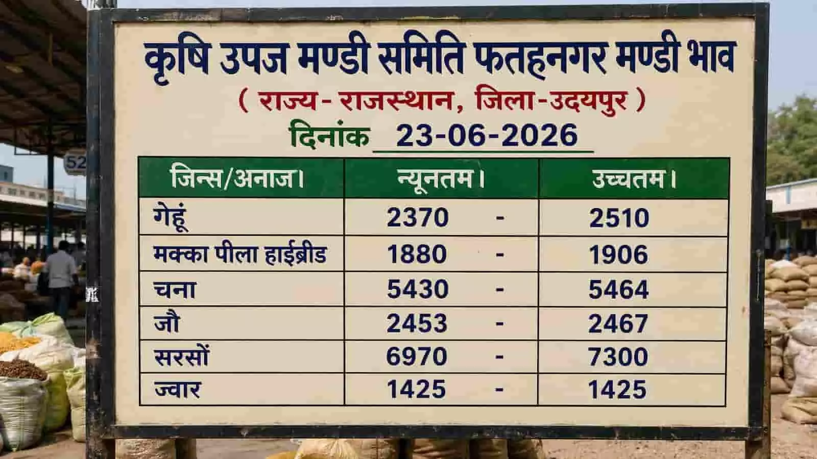 तस्वीर में फतहनगर कृषि उपज मंडी समिति का भाव बोर्ड उदयपुर में विभिन्न जिंसों के ताजा बाजार भाव दर्शाता हुआ दिख रहा है तस्वीर में फतहनगर कृषि उपज मंडी समिति का भाव बोर्ड उदयपुर में विभिन्न जिंसों के ताजा बाजार भाव दर्शाता हुआ दिख रहा है