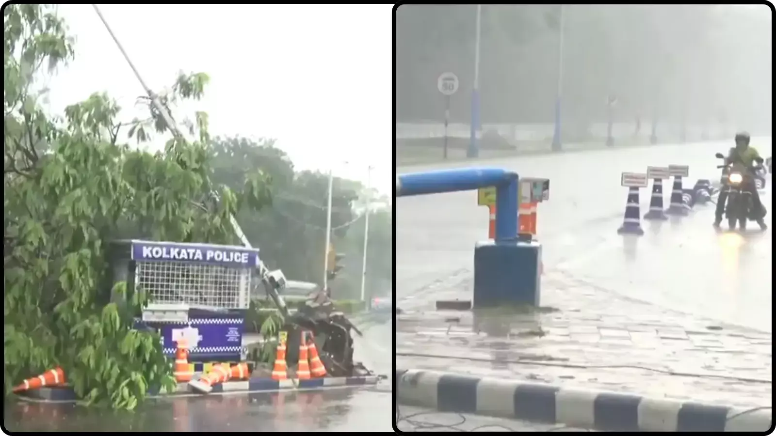 सड़क किनारे गिरे हुए पेड़ और बैरिकेड्स कोलकाता में भारी बारिश के संदर्भ में दिख रहे हैं। सड़क किनारे गिरे हुए पेड़ और बैरिकेड्स कोलकाता में भारी बारिश के संदर्भ में दिख रहे हैं।