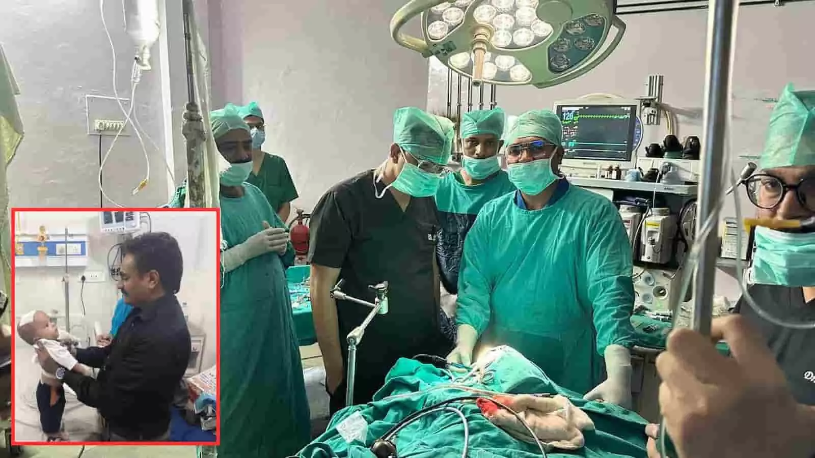 झालावाड़ एसआरजी अस्पताल के ऑपरेशन थिएटर में नवजात शिशु की एंडोस्कोपी न्यूरो सर्जरी करते चिकित्सक। झालावाड़ एसआरजी अस्पताल के ऑपरेशन थिएटर में नवजात शिशु की एंडोस्कोपी न्यूरो सर्जरी करते चिकित्सक।