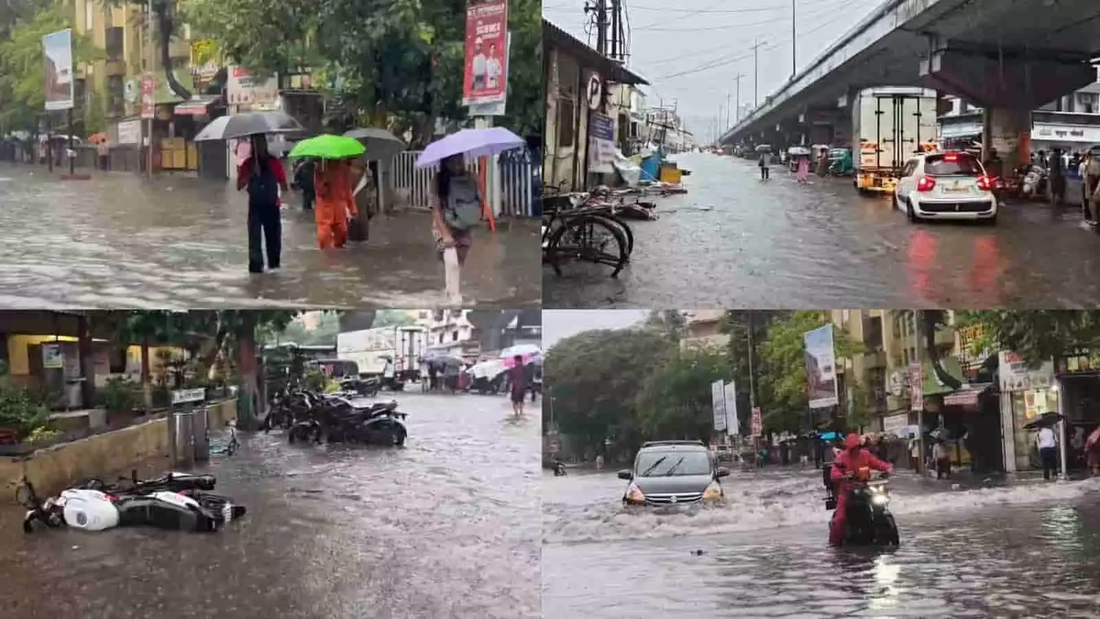 जलमग्न सड़क पर छाता लेकर चलते लोग और पानी के बीच से गुजरते वाहन।
