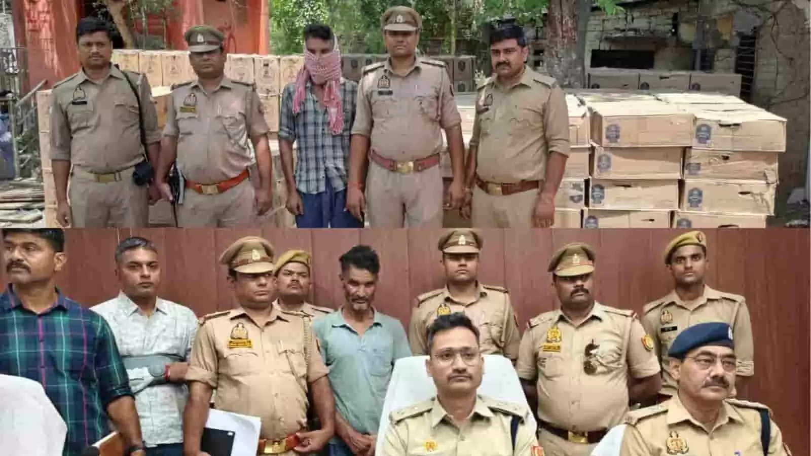 चन्दौली में जब्त की गई अवैध शराब की पेटियों और पुलिस हिरासत में खड़े आरोपी की तस्वीर। चन्दौली में जब्त की गई अवैध शराब की पेटियों और पुलिस हिरासत में खड़े आरोपी की तस्वीर।