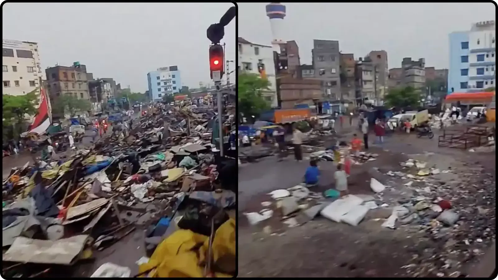 बिखरा हुआ मलबा और खड़े लोग हावड़ा में रेलवे अतिक्रमण हटाओ अभियान के संदर्भ में। बिखरा हुआ मलबा और खड़े लोग हावड़ा में रेलवे अतिक्रमण हटाओ अभियान के संदर्भ में।