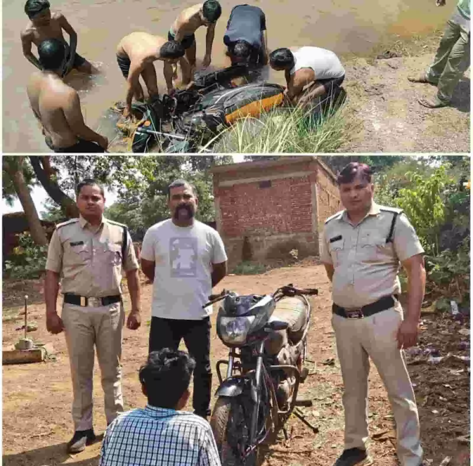 स्लीमनाबाद में चोरी की बाइक बरामद होने के बाद पुलिस कर्मियों के साथ खड़ा आरोपी। स्लीमनाबाद में चोरी की बाइक बरामद होने के बाद पुलिस कर्मियों के साथ खड़ा आरोपी।