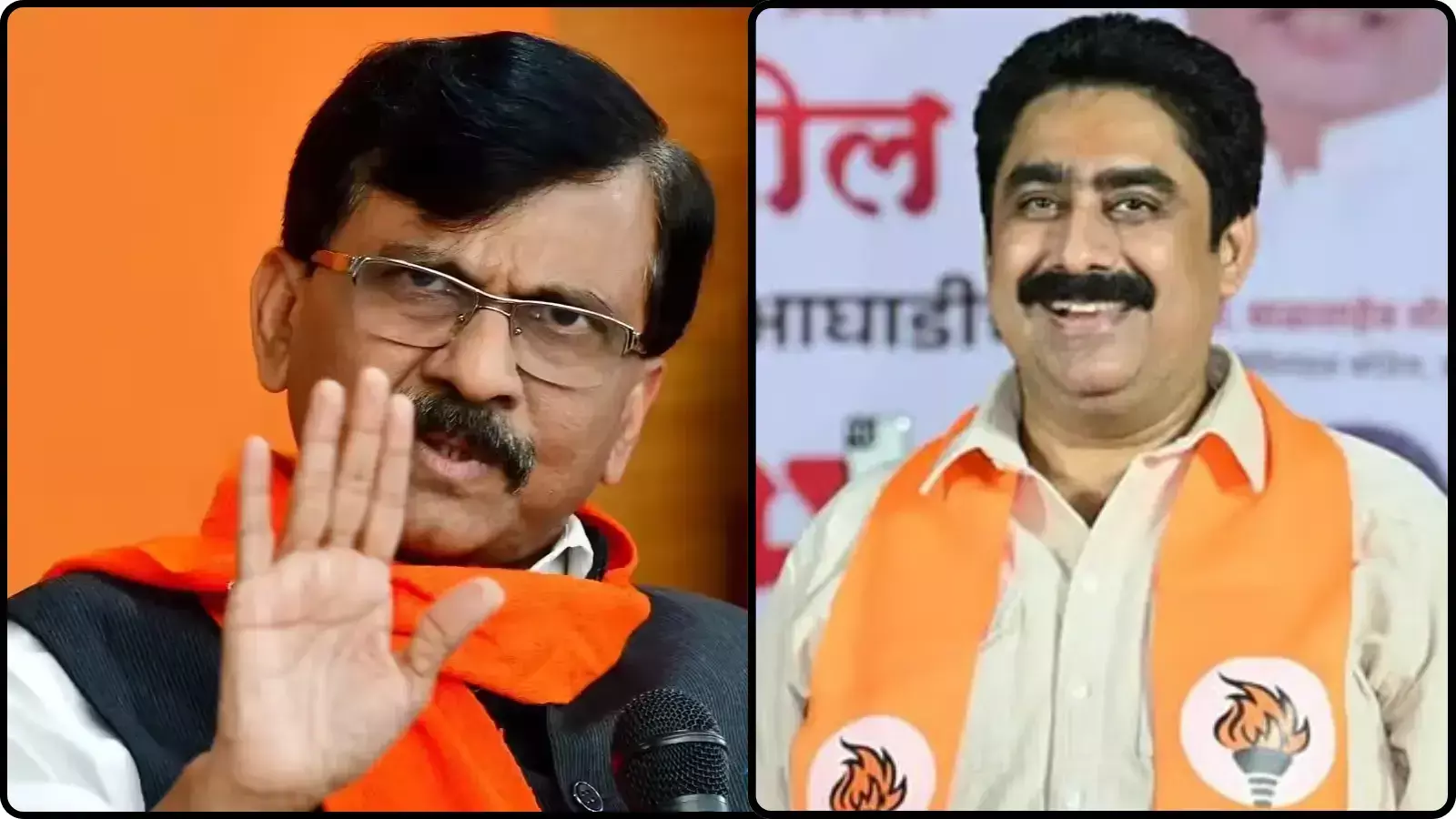 दो अलग-अलग तस्वीरों के कोलाज में नेता संजय राउत और सांसद संजय दीना पाटिल मुंबई में राजनीतिक विवाद के संदर्भ में दिख रहे हैं।