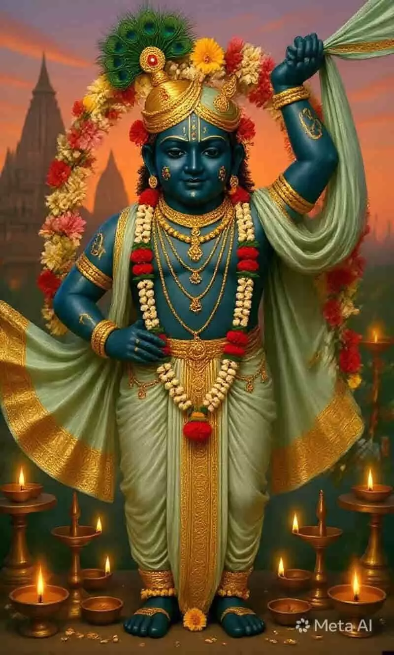 प्रज्वलित दीपकों के बीच श्रीकृष्ण। यह तस्वीर काल्पनिक है और एआई द्वारा केवल संदर्भ के लिए बनाई गई है।