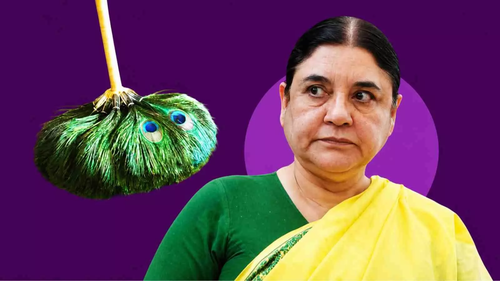 विवादित बयान के बाद पूर्व केंद्रीय मंत्री मेनका गांधी और जैन धर्म की पिच्छी।