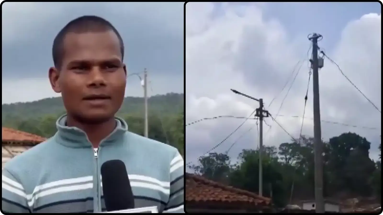माइक के सामने बोलता ग्रामीण और बिजली का खंभा खैरागढ़ में प्रथम विद्युत आपूर्ति के संदर्भ में।