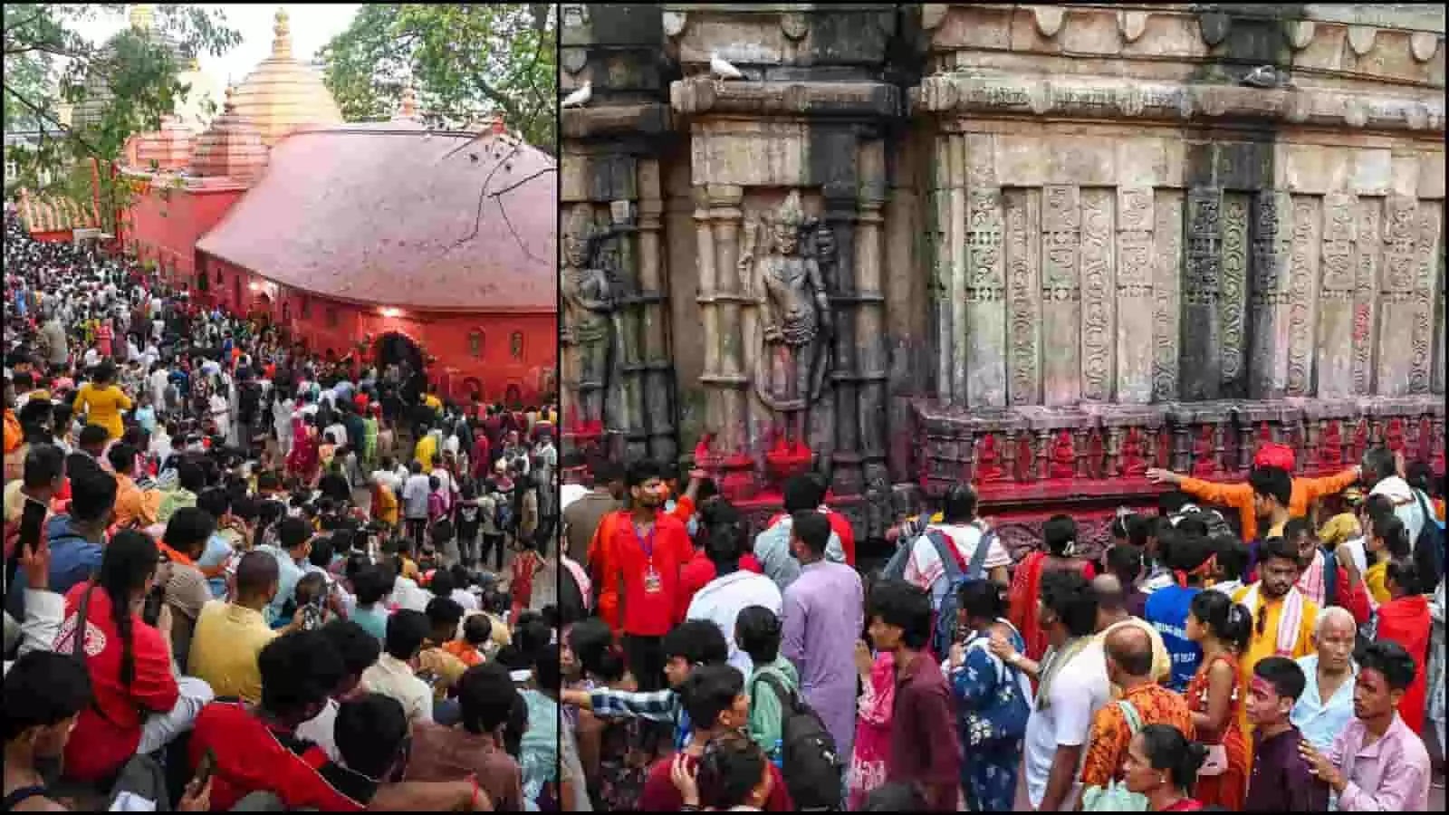 मंदिर परिसर और नक्काशीदार दीवारों के बाहर एकत्र हुए श्रद्धालु गुवाहाटी के कामाख्या मंदिर में अंबुबाची मेले के संदर्भ में।