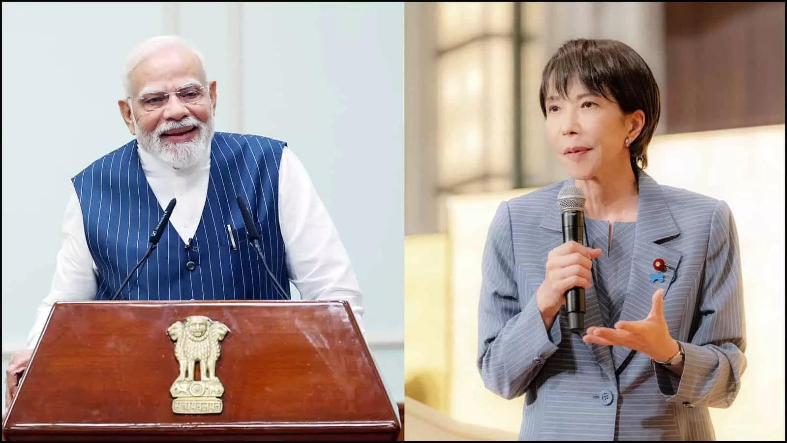 पोडियम पर बोलते हुए प्रधानमंत्री नरेंद्र मोदी और माइक पकड़े हुए जापानी पीएम साने ताकाइची भारत-जापान शिखर सम्मेलन के संदर्भ में।