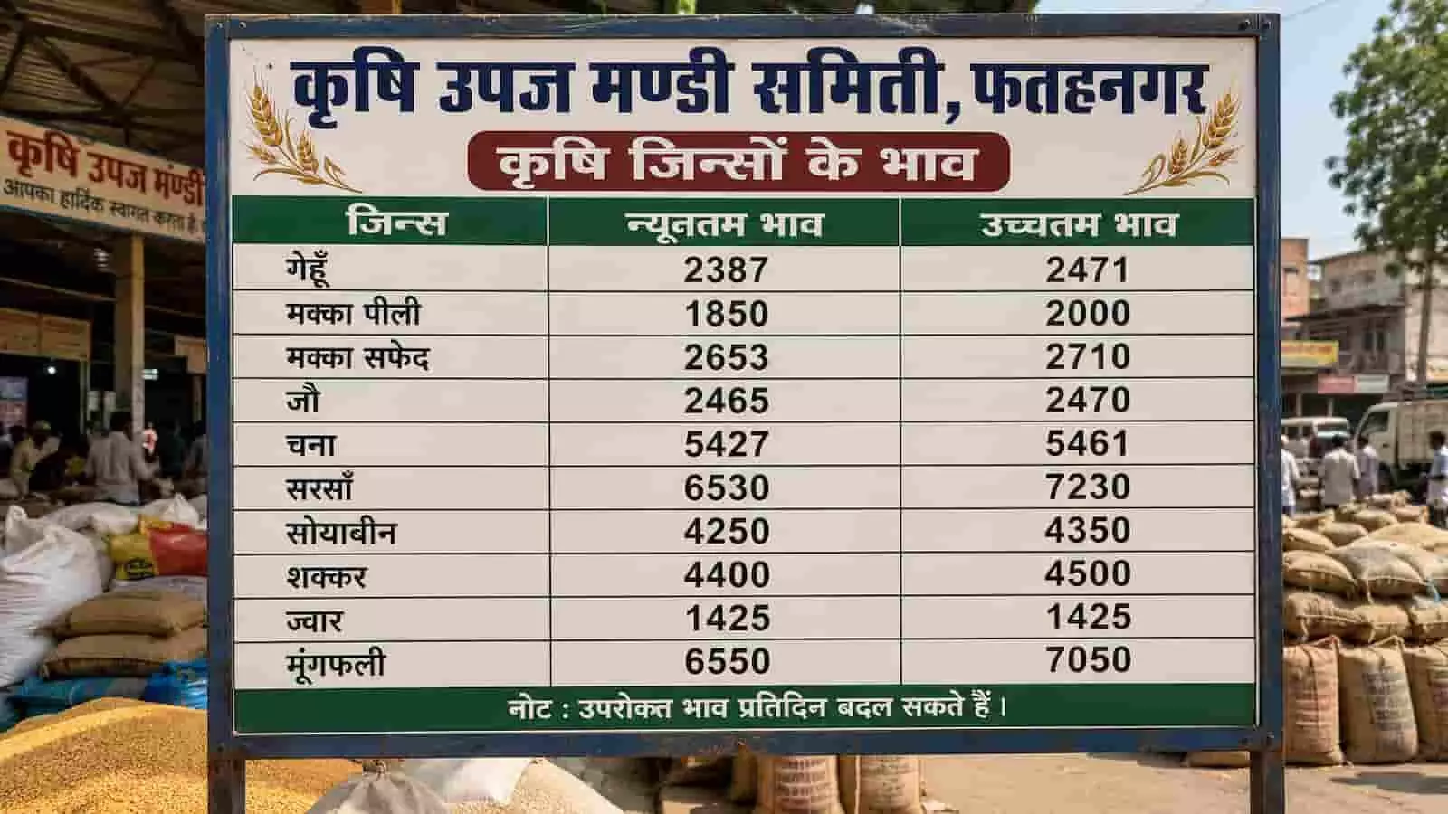 फतहनगर कृषि मंडी परिसर में फसलों के न्यूनतम और उच्चतम भाव प्रदर्शित करता हुआ सूचना बोर्ड। फतहनगर कृषि मंडी परिसर में फसलों के न्यूनतम और उच्चतम भाव प्रदर्शित करता हुआ सूचना बोर्ड।