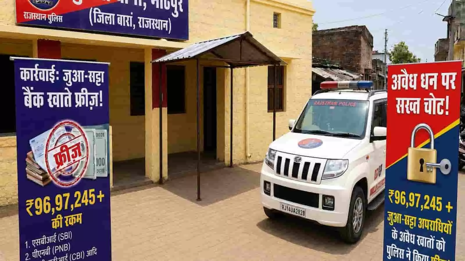 तस्वीर में बारां पुलिस थाने के बाहर पुलिस गाड़ी और बैंक खाते फ्रीज करने की कार्रवाई के बैनर दिख रहे हैं। तस्वीर में बारां पुलिस थाने के बाहर पुलिस गाड़ी और बैंक खाते फ्रीज करने की कार्रवाई के बैनर दिख रहे हैं।