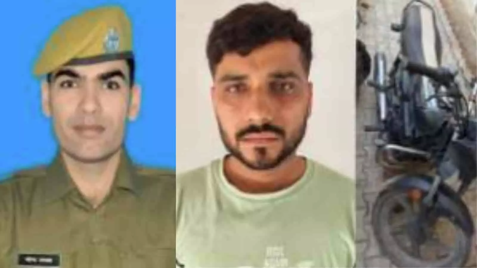 तस्वीर में पुलिस कांस्टेबल, गिरफ्तार आरोपी कपिल जाट और जब्त की गई मोटरसाइकिल का कोलाज दिख रहा है। तस्वीर में पुलिस कांस्टेबल, गिरफ्तार आरोपी कपिल जाट और जब्त की गई मोटरसाइकिल का कोलाज दिख रहा है।