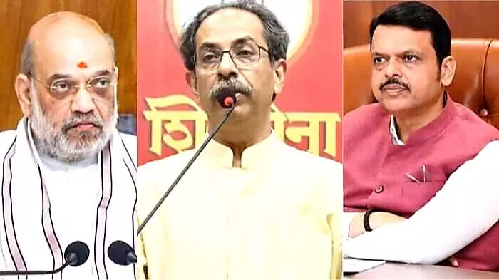 अमित शाह, उद्धव ठाकरे और देवेंद्र फडणवीस महाराष्ट्र की राजनीति के संदर्भ में।