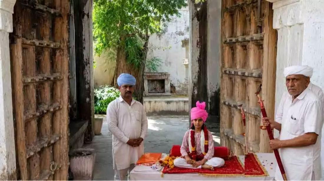 13 वर्षीय तेजस्वी कुमारी पाली के खेरवा किले में पारंपरिक पाग पहने हुए बैठी हैं। 13 वर्षीय तेजस्वी कुमारी पाली के खेरवा किले में पारंपरिक पाग पहने हुए बैठी हैं।
