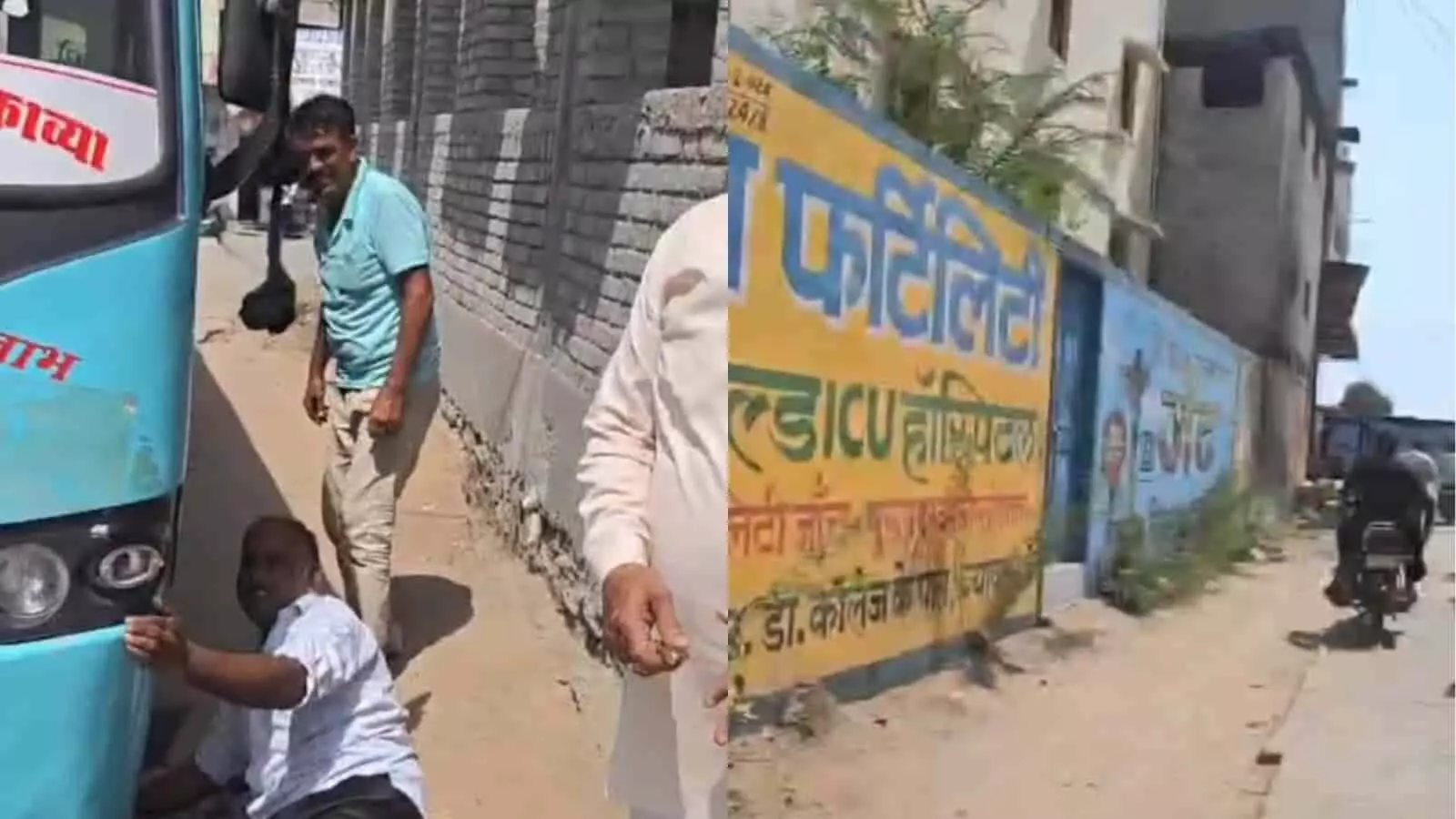 रायपुर बाईपास रोड पर खुले सीवरेज चैंबर में धंसा हुआ बस का अगला पहिया।