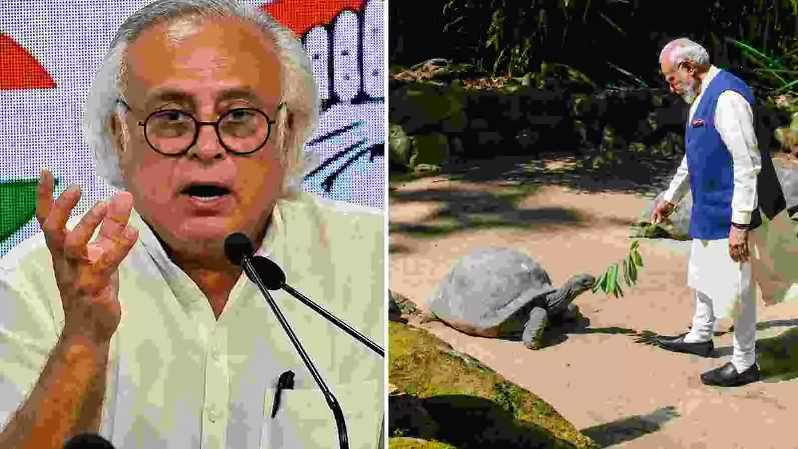 सेशेल्स में कछुए को खाना खिलाते प्रधानमंत्री मोदी और कांग्रेस नेता जयराम रमेश।