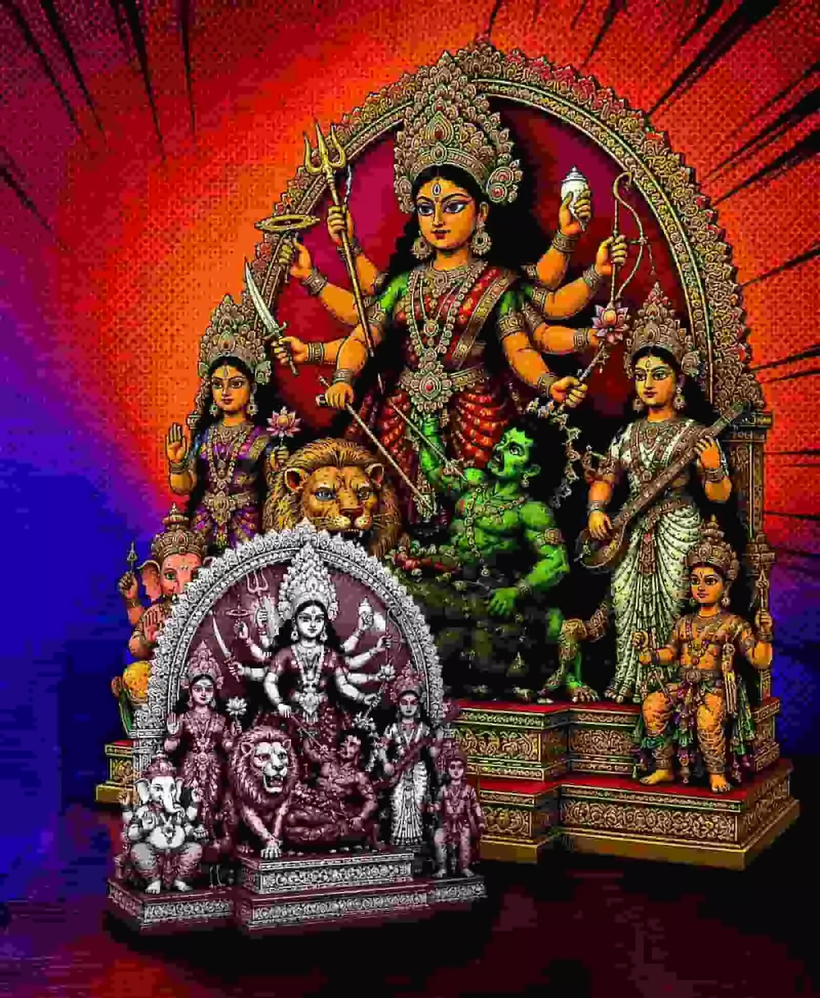 तस्वीर में कोलकाता में दुर्गा पूजा की बड़ी और छोटी प्रतिमाएं दिख रही हैं, यह तस्वीर काल्पनिक है और एआई द्वारा केवल संदर्भ के लिए बनाई गई है। तस्वीर में कोलकाता में दुर्गा पूजा की बड़ी और छोटी प्रतिमाएं दिख रही हैं, यह तस्वीर काल्पनिक है और एआई द्वारा केवल संदर्भ के लिए बनाई गई है।