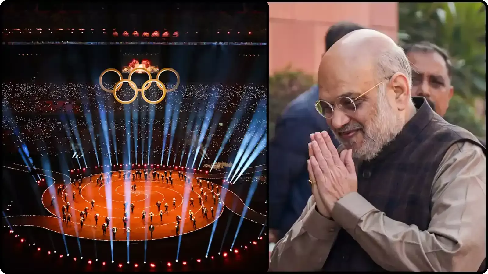हाथ जोड़े खड़े केंद्रीय गृह मंत्री अमित शाह नई दिल्ली में 2036 ओलंपिक तैयारियों के संदर्भ में।
