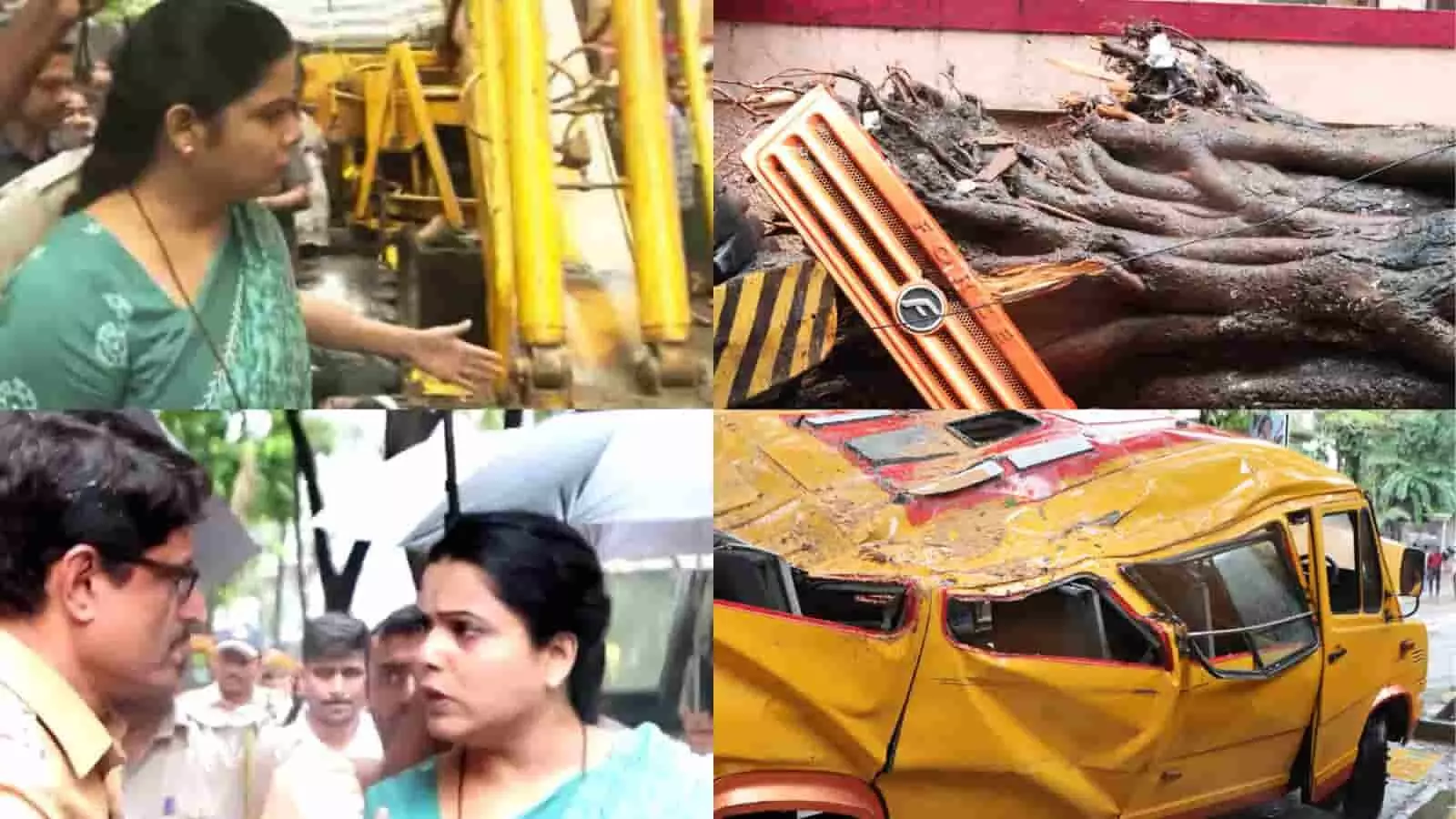 तस्वीर में चेंबूर में पेड़ गिरने से क्षतिग्रस्त हुई पीली स्कूल बस और घटनास्थल पर जांच करतीं महापौर रितू तावडे दिख रही हैं।