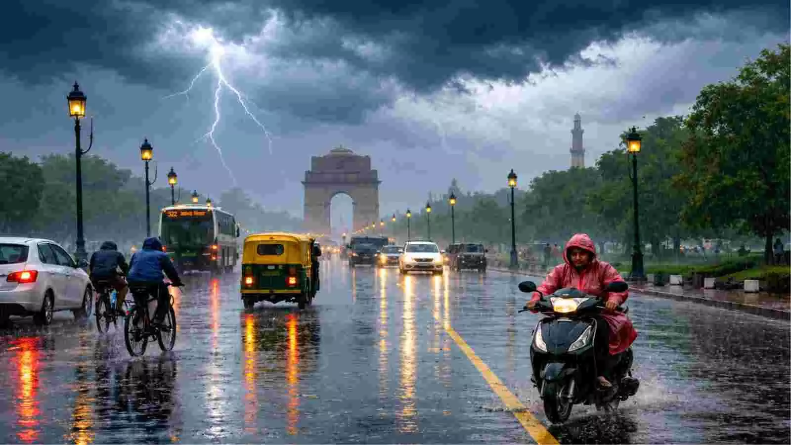 बारिश के दौरान दिल्ली की सड़कों पर चलते वाहन| बारिश के दौरान दिल्ली की सड़कों पर चलते वाहन|