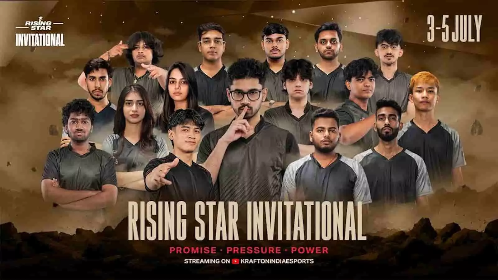 बीजीएमआई राइजिंग स्टार इंविटेशनल के आधिकारिक पोस्टर पर काले रंग की खेल जर्सी पहने कई खिलाड़ी। बीजीएमआई राइजिंग स्टार इंविटेशनल के आधिकारिक पोस्टर पर काले रंग की खेल जर्सी पहने कई खिलाड़ी।