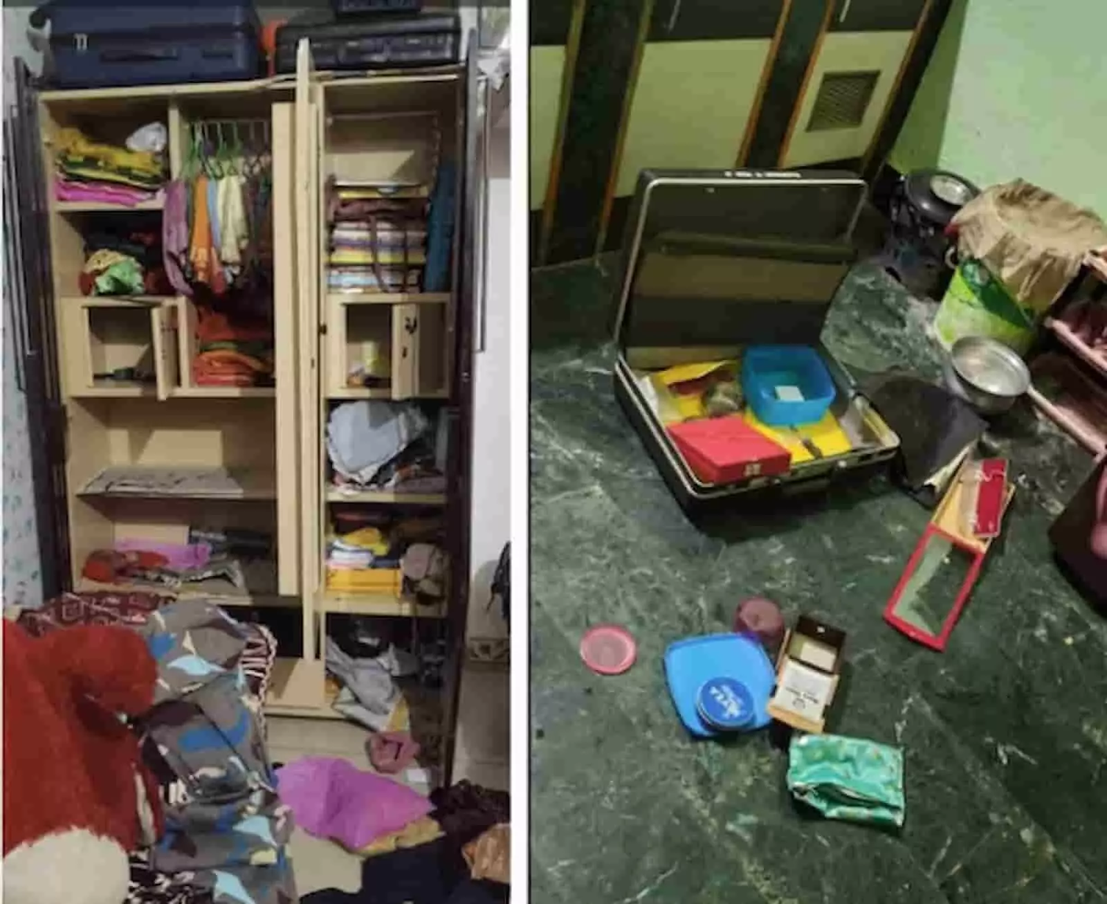 तस्वीर में चोरी के बाद घर के कमरे में बिखरा हुआ सामान, खुली अलमारी और फर्श पर खुला ब्रीफकेस दिख रहा है। तस्वीर में चोरी के बाद घर के कमरे में बिखरा हुआ सामान, खुली अलमारी और फर्श पर खुला ब्रीफकेस दिख रहा है।