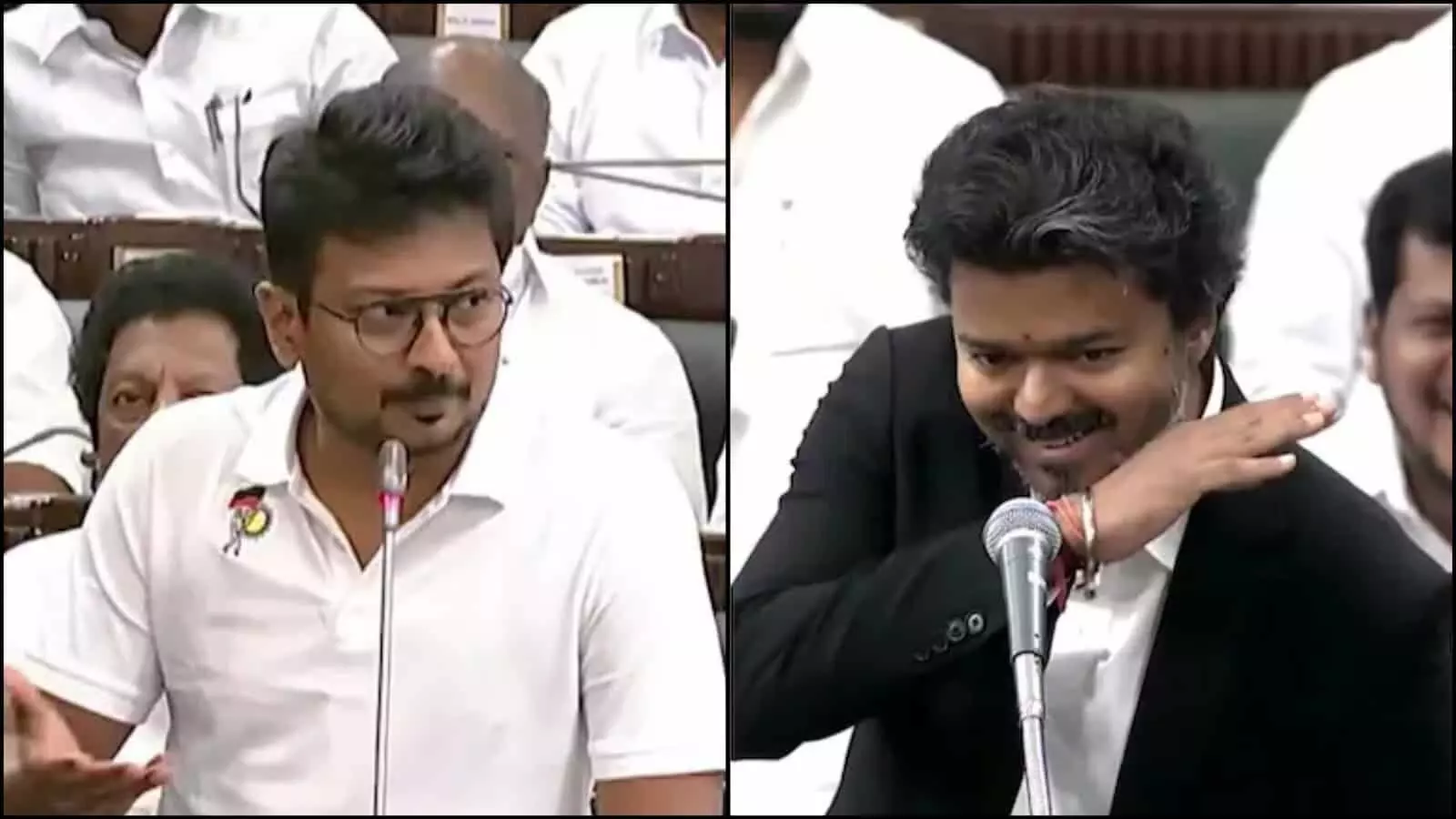 तस्वीर में बाएं तरफ उदयनिधि स्टालिन और दाएं तरफ विजय तमिलनाडु विधानसभा में बैठे हैं।