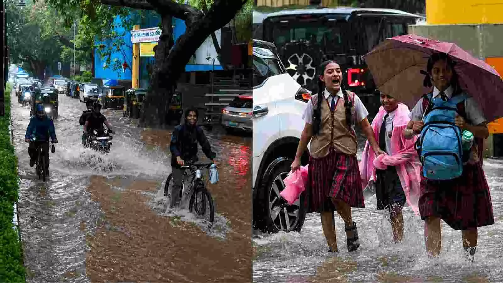भारी बारिश के दौरान सड़कों पर जलभराव के बीच चलते स्कूल के बच्चे मुंबई। भारी बारिश के दौरान सड़कों पर जलभराव के बीच चलते स्कूल के बच्चे मुंबई।
