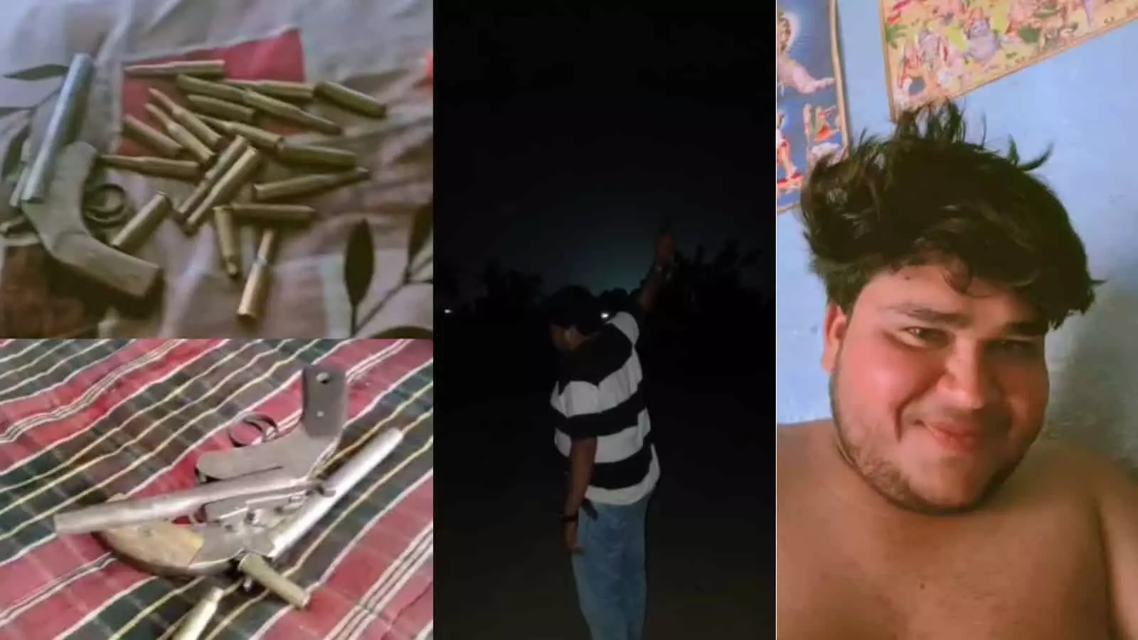वायरल वीडियो स्क्रीनशॉट में अवैध तमंचे, कारतूस और हवाई फायरिंग करता हुआ युवक।