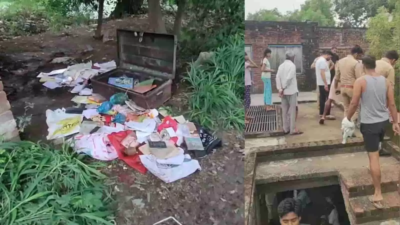 भुन्ना गांव में चोरी की घटना के बाद बिखरा हुआ सामान और जांच करती पुलिस।