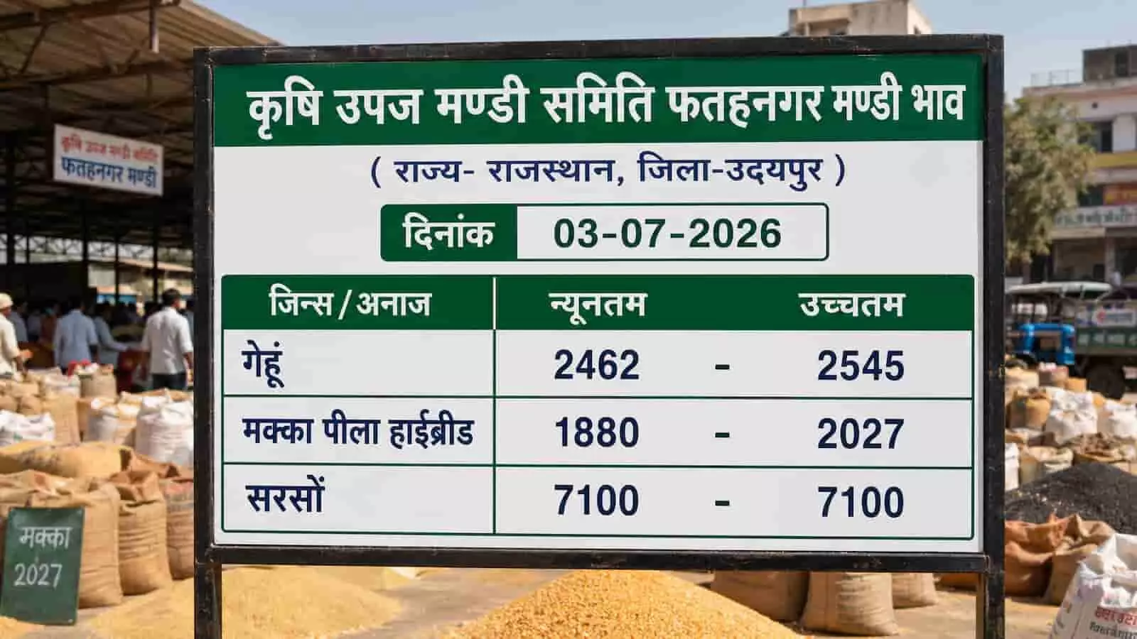 तस्वीर में कृषि उपज मंडी समिति फतहनगर का अनाज भाव बोर्ड दिखाई दे रहा है। तस्वीर में कृषि उपज मंडी समिति फतहनगर का अनाज भाव बोर्ड दिखाई दे रहा है।
