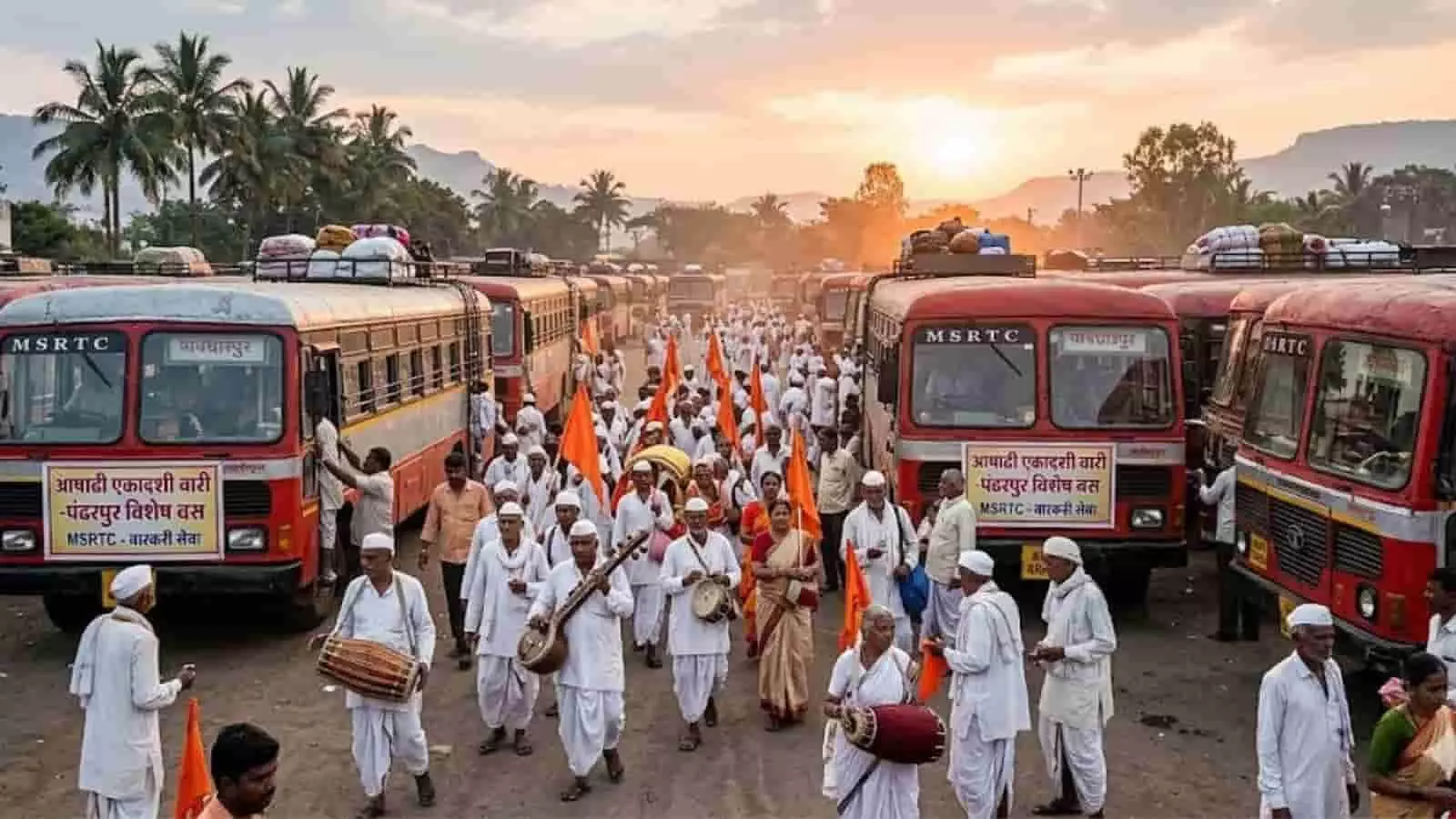 एमएसआरटीसी बसों के बीच पारंपरिक वेशभूषा में श्रद्धालु भगवा ध्वज लेकर गुजर रहे हैं।