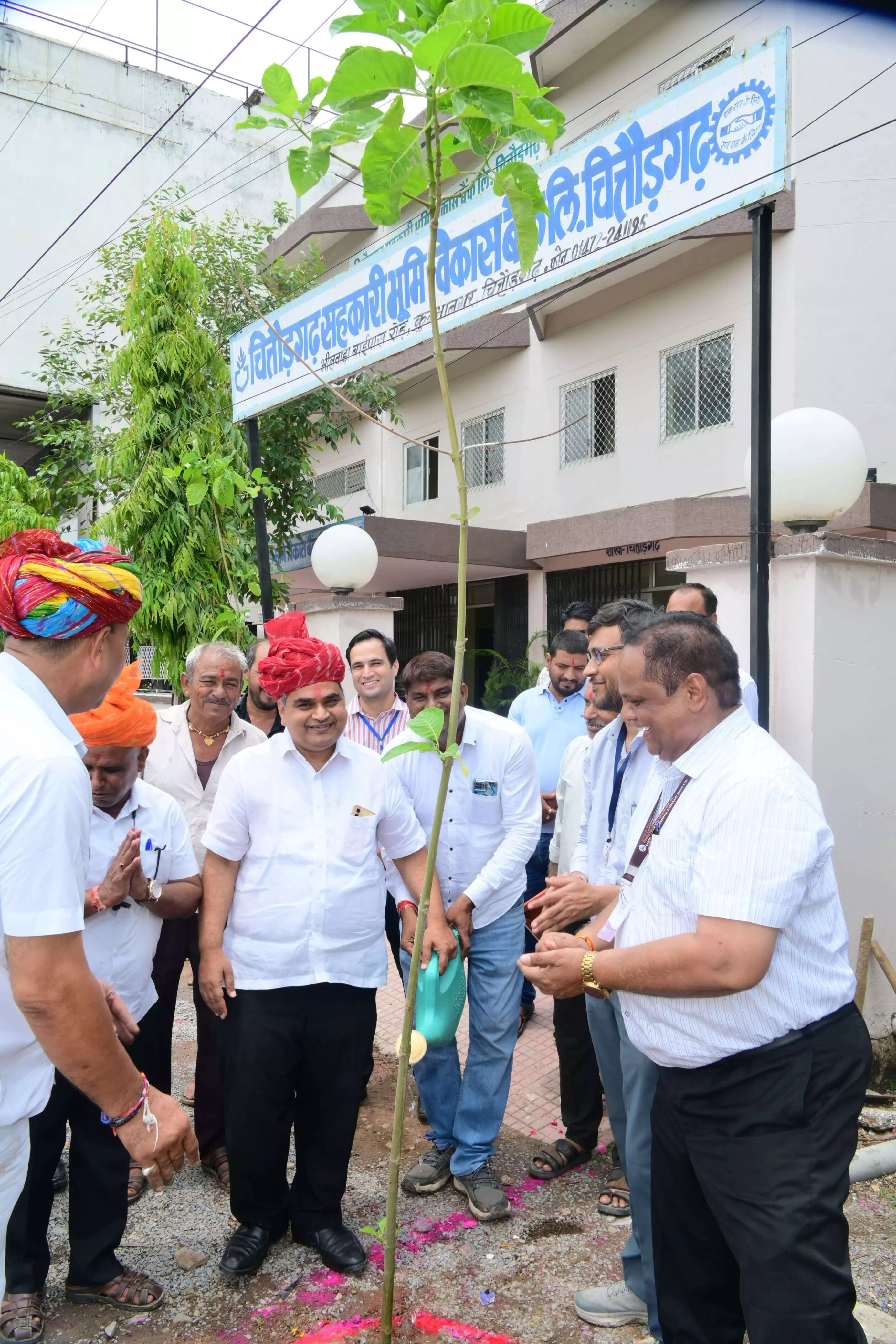 सहकारी बैंक परिसर में पौधा रोपण करते अधिकारी और उपस्थित किसान। सहकारी बैंक परिसर में पौधा रोपण करते अधिकारी और उपस्थित किसान।