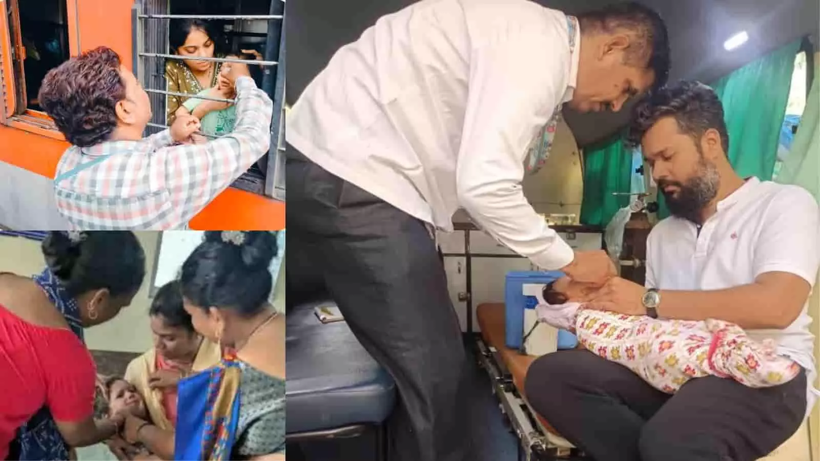 रेलवे स्टेशन और ट्रेन में स्वास्थ्य कर्मी द्वारा बच्चों को पल्स पोलियो ड्रॉप पिलाने का दृश्य। रेलवे स्टेशन और ट्रेन में स्वास्थ्य कर्मी द्वारा बच्चों को पल्स पोलियो ड्रॉप पिलाने का दृश्य।