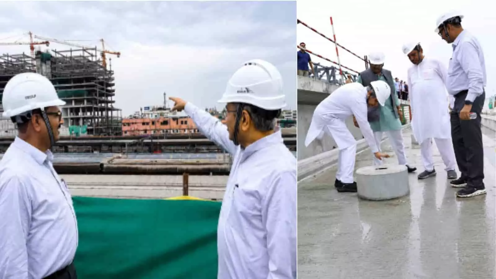 अहमदाबाद में बुलेट ट्रेन स्टेशन निर्माण स्थल पर निरीक्षण करते रेल मंत्री अश्विनी वैष्णव और इंजीनियर्स। अहमदाबाद में बुलेट ट्रेन स्टेशन निर्माण स्थल पर निरीक्षण करते रेल मंत्री अश्विनी वैष्णव और इंजीनियर्स।