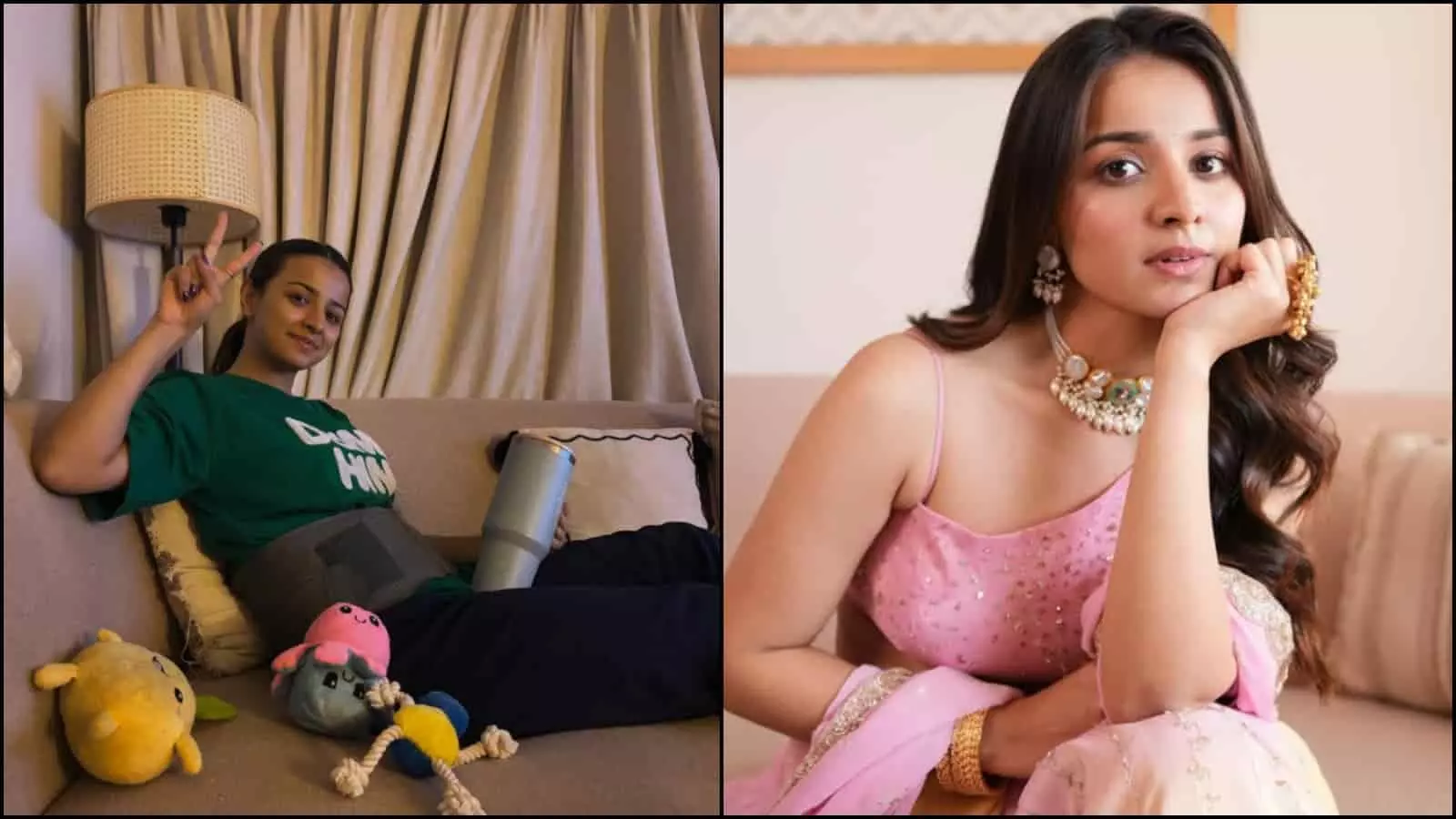 सोफे पर बैठी अभिनेत्री महिमा मकवाना और गुलाबी परिधान में पोज़ देती हुई अभिनेत्री। सोफे पर बैठी अभिनेत्री महिमा मकवाना और गुलाबी परिधान में पोज़ देती हुई अभिनेत्री।