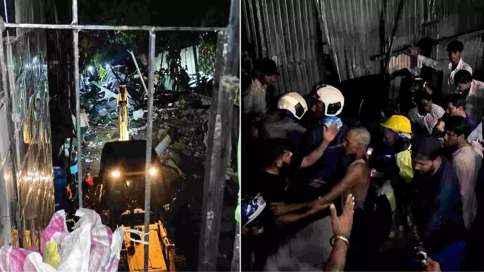बचाव दल और स्थानीय लोग मानखुर्द में गिरी इमारत के मलबे के पास। बचाव दल और स्थानीय लोग मानखुर्द में गिरी इमारत के मलबे के पास।
