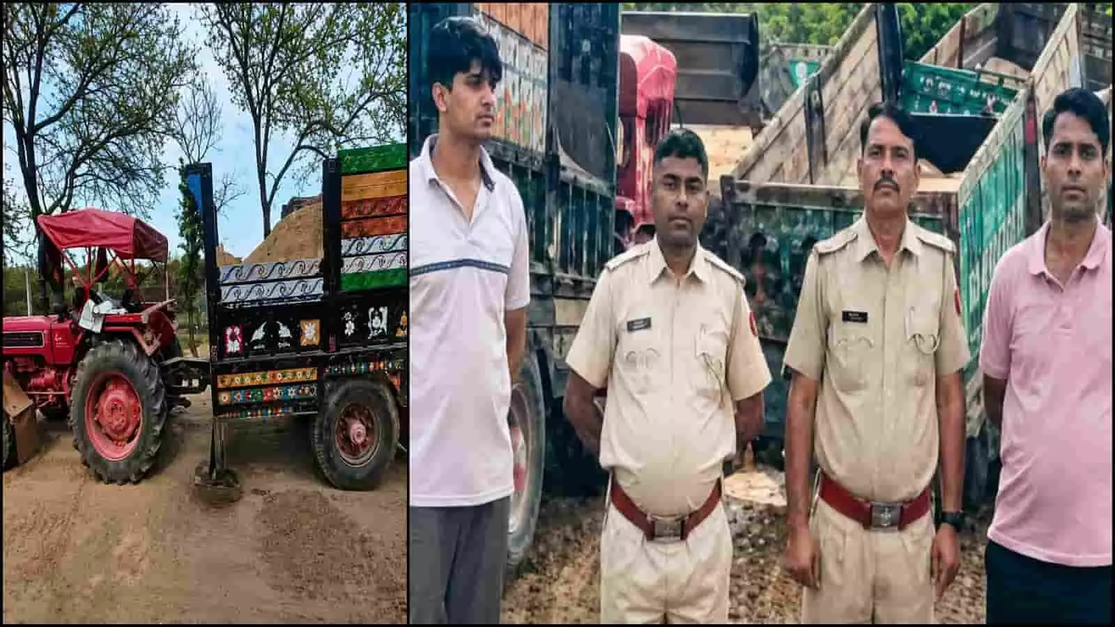 सवाई माधोपुर में पुलिस अधिकारी जब्त ट्रैक्टर और ट्रॉलियों के साथ खड़े हैं।