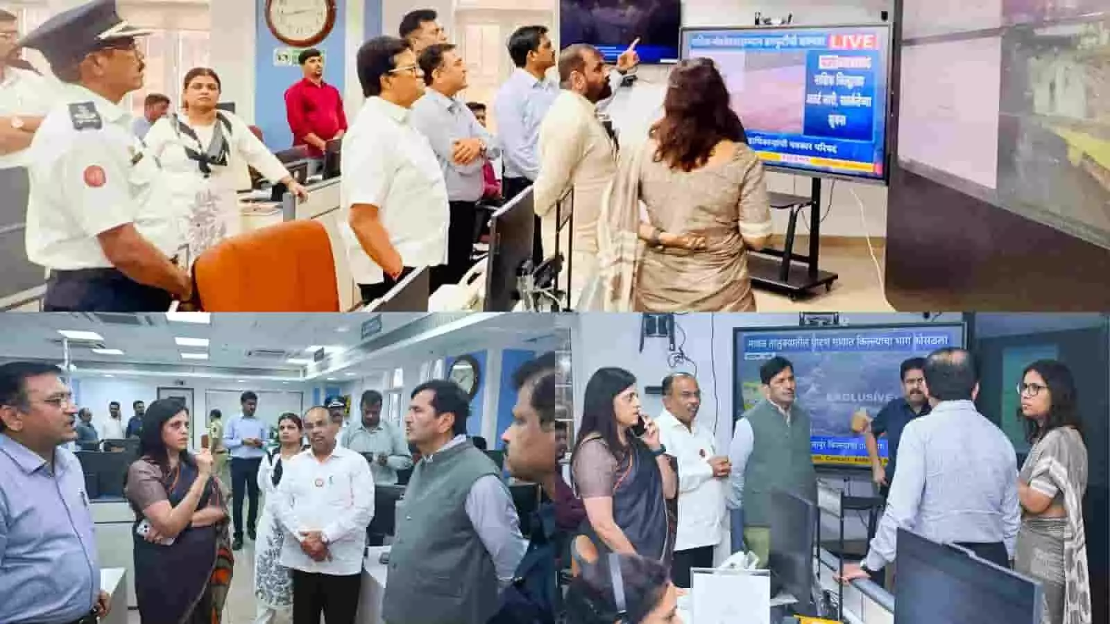 आपदा नियंत्रण कक्ष में मॉनिटर के सामने अधिकारियों के साथ समीक्षा बैठक करतीं बीएमसी कमिश्नर। आपदा नियंत्रण कक्ष में मॉनिटर के सामने अधिकारियों के साथ समीक्षा बैठक करतीं बीएमसी कमिश्नर।