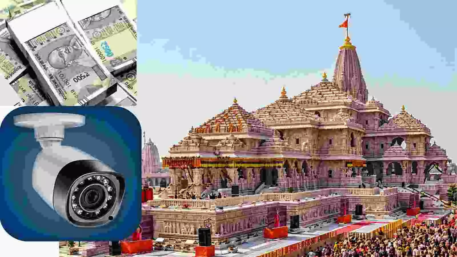 श्रीराम जन्मभूमि मंदिर का दृश्य और निगरानी कैमरा अयोध्या में चढ़ावे की चोरी के संदर्भ में।
