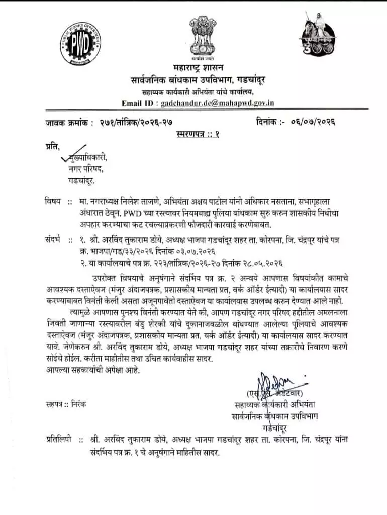 तस्वीर में गडचांदूर नगर परिषद कार्यालय की इमारत परिसर के बाहर दिखाई दे रही है। तस्वीर में गडचांदूर नगर परिषद कार्यालय की इमारत परिसर के बाहर दिखाई दे रही है।