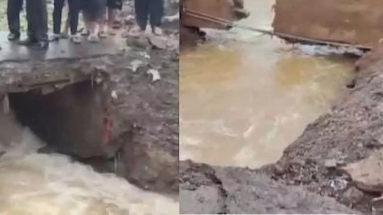 कल्याण में बारिश के कारण मुख्य सड़क धंसने के बाद बने गहरे गड्ढे को देखते लोग।