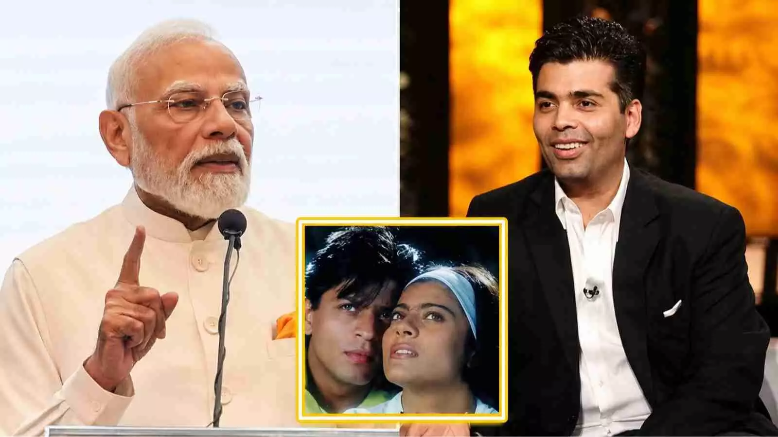 प्रधानमंत्री नरेंद्र मोदी भाषण देते हुए और बगल में फिल्ममेकर करण जौहर दिखाई दे रहे हैं। प्रधानमंत्री नरेंद्र मोदी भाषण देते हुए और बगल में फिल्ममेकर करण जौहर दिखाई दे रहे हैं।
