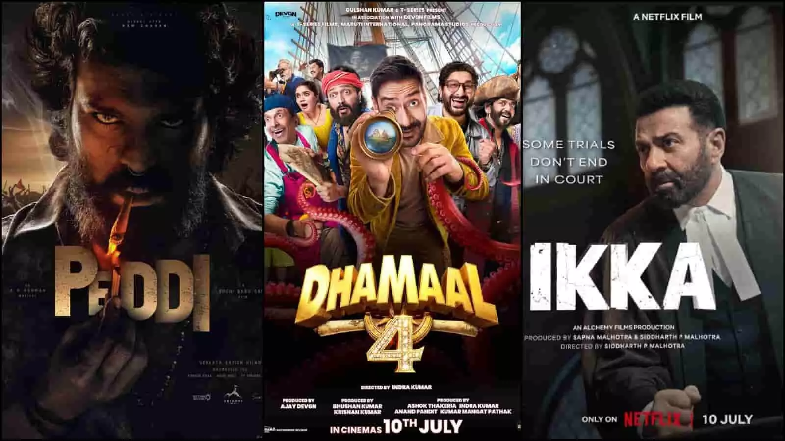 फिल्मों के पोस्टर में राम चरण, अजय देवगन, और सनी देओल अलग-अलग दृश्यों में नजर आ रहे हैं। फिल्मों के पोस्टर में राम चरण, अजय देवगन, और सनी देओल अलग-अलग दृश्यों में नजर आ रहे हैं।