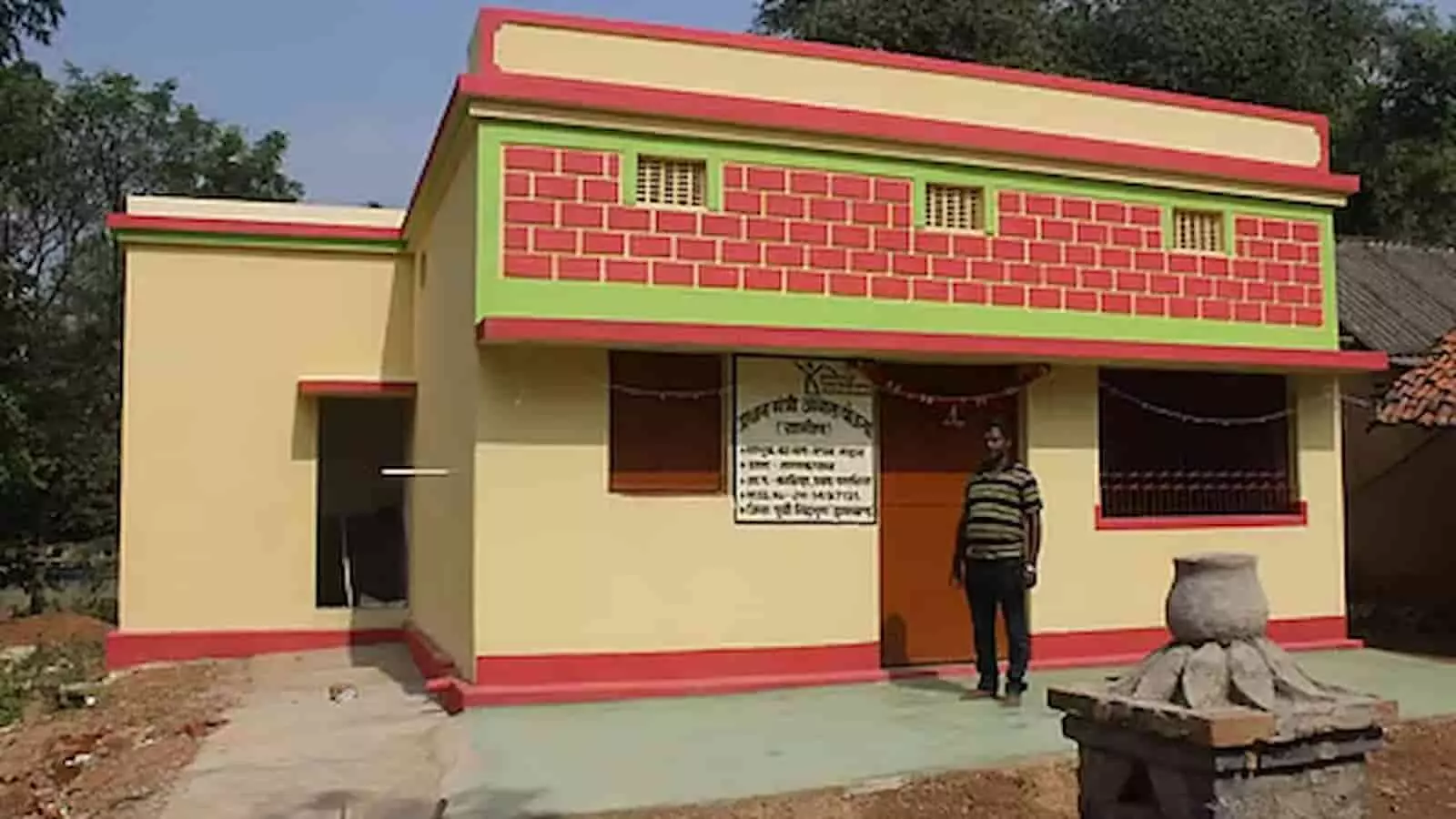 प्रधानमंत्री आवास योजना के तहत बने घर के सामने खड़ा एक व्यक्ति। प्रधानमंत्री आवास योजना के तहत बने घर के सामने खड़ा एक व्यक्ति।
